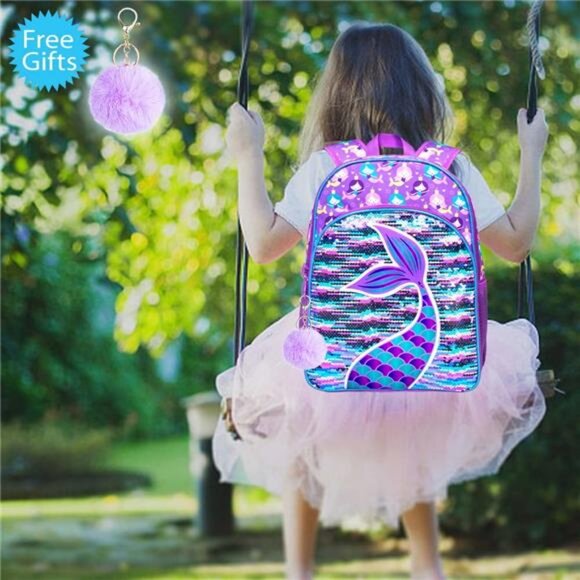 3PCS Kids Backpacks for Girls, 16" Little Kid Mermaid Sequin Preschool - Picture 8 of 10